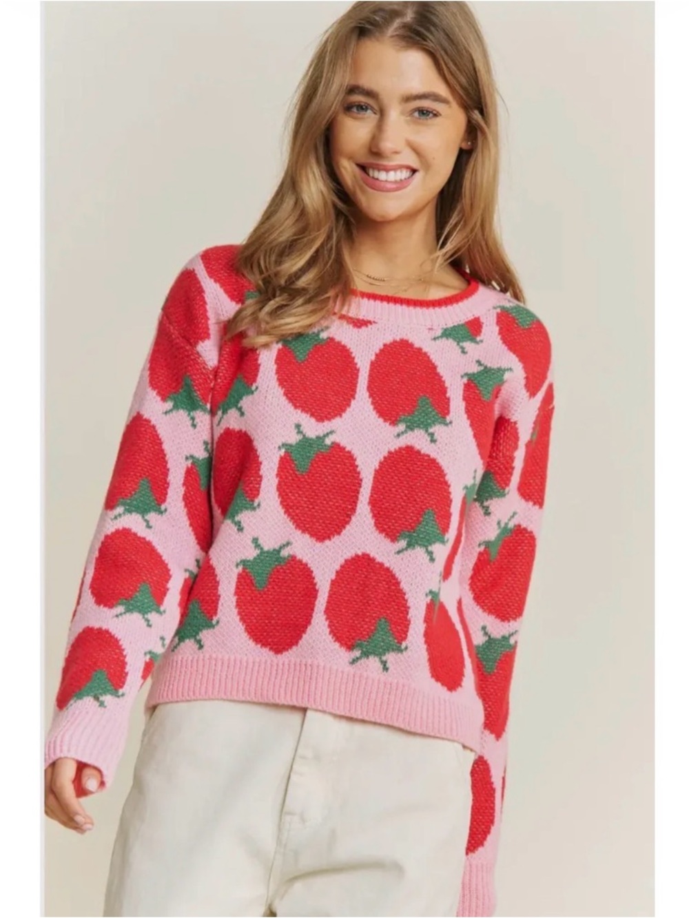 🍓Sweet Generis Strawberry Knit Pullover Sweater Crew Neck Raglan Pink Red Sz S